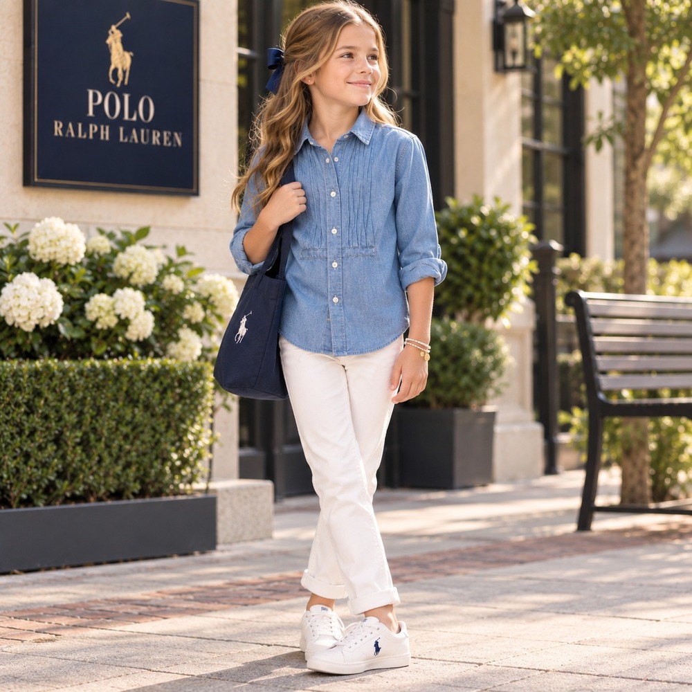 POLO RALPH LAUREN Kids Girls Button Shirt Denim 10 Pintuck Tuxedo 313613887